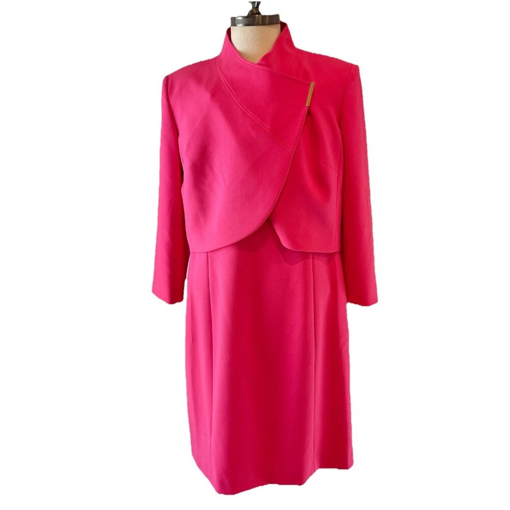 Tahari ASL Womens Size 18 Sheath Dress Crop Jacket Suit Set Neon Coral Easter